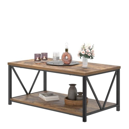 EXCEFUR Modern Coffee Table, Industrial Metal and Wood Living Room Table with Storage Shelf, Rustic Brown - color: Rustic Brown, size: 39 inch
