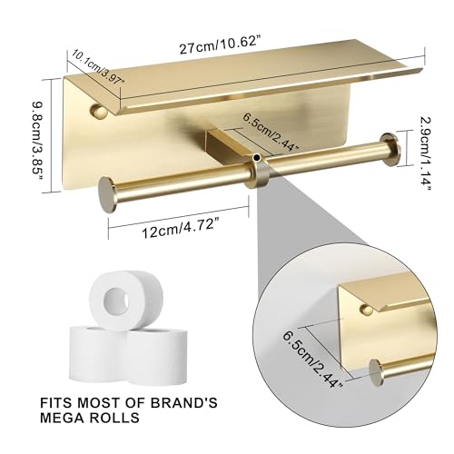 Brushed Gold Toilet Paper Roll Holder with Shelf Wall Mounted for Bathroom (Brushed Gold, Double Head) - color: Brushed Gold