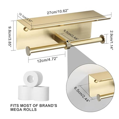 Brushed Gold Toilet Paper Roll Holder with Shelf Wall Mounted for Bathroom (Brushed Gold, Double Head) - color: Brushed Gold
