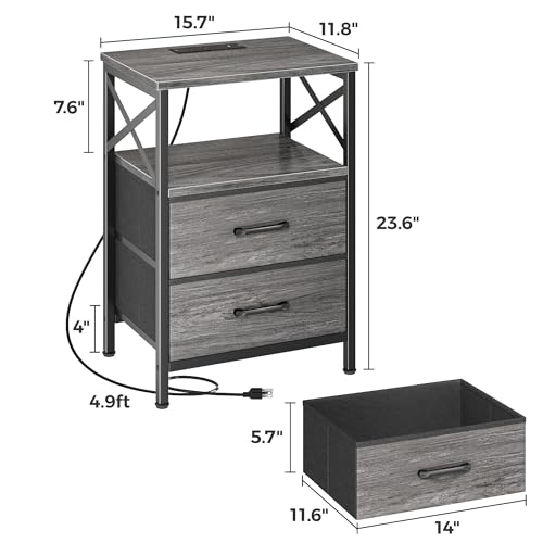 Huuger Nightstands Set of 2, Night Stand with Charger Station, 2 Drawer Side Table with Open Shelf, USB-C Port, End Table for Small Spaces, X Shaped Side Rail, Grey - color: Grey