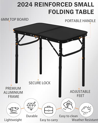 LOFTEY 2024 Reinforced Small Folding Table Portable, Small Foldable Camping Table, Heavy-Duty Mini Folding | Adjustable Height | Lightweight Premium Aluminum with Handle | Black 25"x16"x22" - color: Black