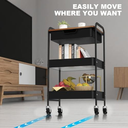 3 Tier Rolling Cart with Drawer, Metal Utility Cart with Table Top | Storage Cart with Locking Wheels, Kitchen Cart Art Cart Organizer for Bathroom, Office, Balcony, Living Room, Classroom - color: Black