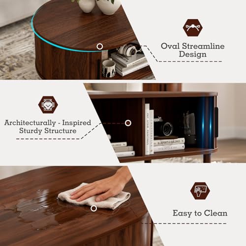 ZttRiee Oval Coffee Table with Sliding Doors, Mid-Century, Walnut | 47.24"L x 21.65"W x 16.14"H, 200 lbs capacity, 2 front & back storage areas, ~60 min assembly - color: Walnut_lsj032-wa