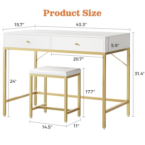 SUPERJARE 43-inch Modern White & Gold Desk - 2 Drawer Vanity | Computer & Home Office Study Desk for Writing & Bedroom - color: Gold and White, size: 43.3 inch