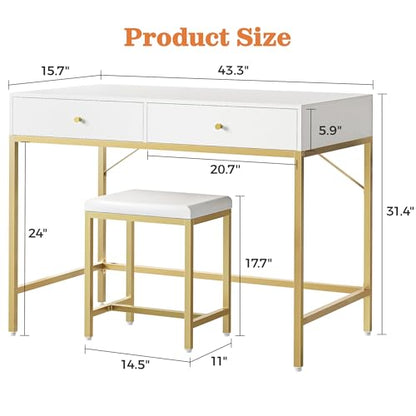 SUPERJARE 43-inch Modern White & Gold Desk - 2 Drawer Vanity | Computer & Home Office Study Desk for Writing & Bedroom - color: Gold and White, size: 43.3 inch