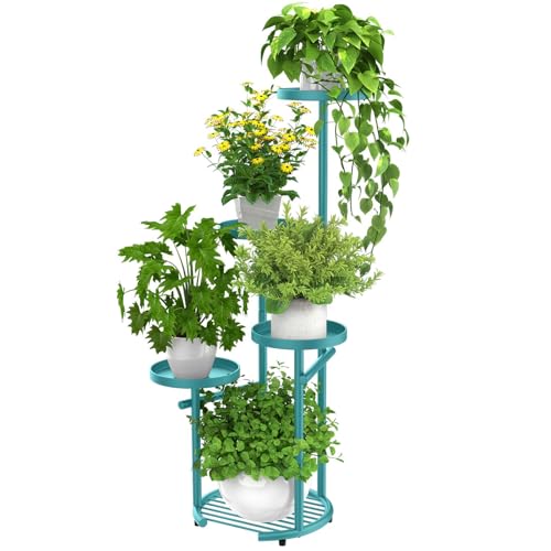 TOSKING 5-Tier Metal Plant Stand, Anti-Tip Round Base for Pots, Child & Pet Friendly, Space Saving Corner Shelf Flower Pot for Indoor Outdoor Use, Living Room Balcony Garden Patio Bedroom (Blue, 38in) - color: Blue, size: 5tier Rd