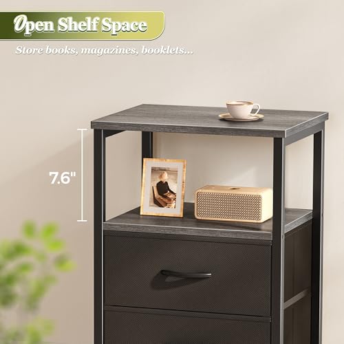 Huuger Night Stand with 2 Drawers, Bed Side Table with Open Shelf, Wooden Top, Nightstand for Bedroom, End Table for Small Space, Fabric Drawer, Grey - color: Gray and Black