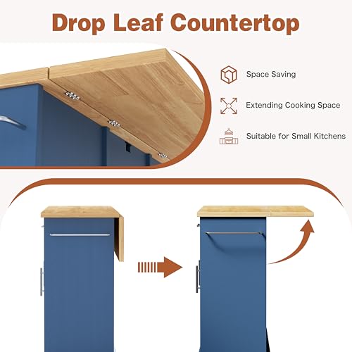 JY QAQA 42" Kitchen Island with Storage on Wheels, Rolling Table with Drop Leaf, Drawers, Cart Handle for Towel Rack or Free Movement, Blue - color: Blue