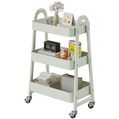 DUMOS 3 Tiers Metal Rolling Utility Cart with Lockable Wheels, Mobile Storage Organizer, Utility Shelving Unit for Kitchen, Office, Bathroom, Laundry, Narrow Places, Light Green - color: 3-tier Green