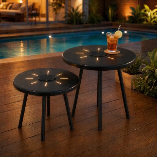 Solar Nesting Side Table Set of 2, Modern Black Metal Wire Round End Tables with Dusk to Dawn LED Light & On/Off Switch, Industrial Accent Tables for Patio, Balcony, Living Room, Garden (Solar 1)