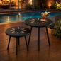 Solar Nesting Side Table Set of 2, Modern Black Metal Wire Round End Tables with Dusk to Dawn LED Light & On/Off Switch, Industrial Accent Tables for Patio, Balcony, Living Room, Garden (Solar 1)
