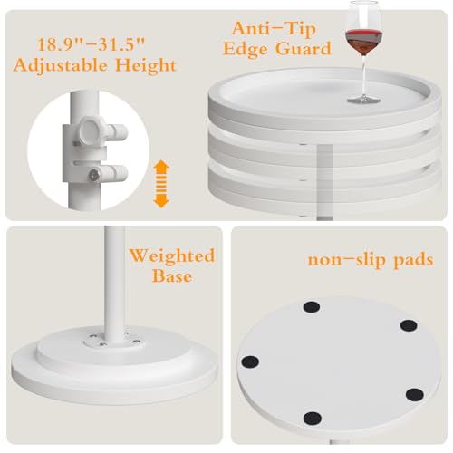 Small Side Table, Drink Table, Height Adjustable Round End Table, Pedestal Side Table for Small Spaces in Living Room, Bedroom, White - color: White