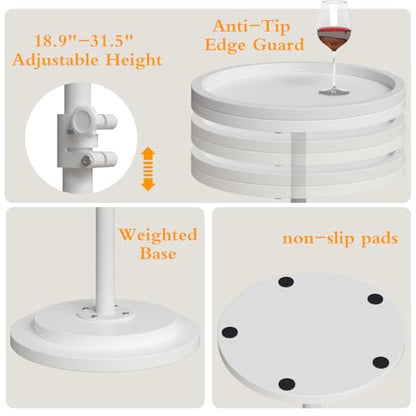 Small Side Table, Drink Table, Height Adjustable Round End Table, Pedestal Side Table for Small Spaces in Living Room, Bedroom, White - color: White