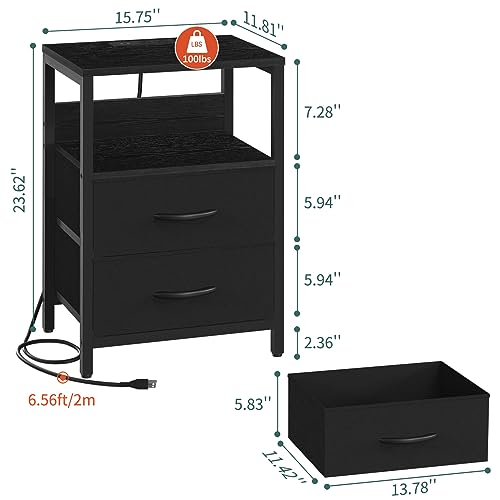Yoobure Nightstand with Charging Station, LED Night Stand with Fabric Drawers and Storage Shelf for Bedroom, Nightstands Bedside Tables with USB Ports & Outlets, Small Night Stands, Bed Side Table - color: Black