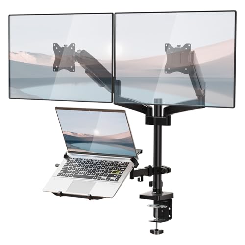 WALI Triple Arm Laptop and Dual Monitor Desk Mount for 17" Notebook and Up to 32" Screens, Adjustable Monitor Arms with Tilt Swivel Rotation, VESA 75x75 100x100, Black (GSDM003LP) - size: Triple, style: Fully Adjustable Desk Mount
