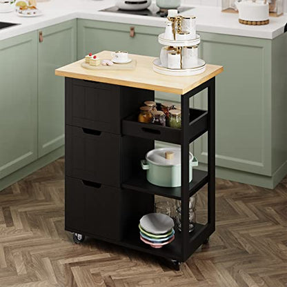 SUNLEI Kitchen Island with Storage Cart Rolling Coffee Small Butcher Block Table Microwave with 3 Drawers on Wheels Station Portable Mobile Narrow Moveable Utility Counter Wood Top Spaces Bar Food - size: 26.6 INCH, style: Black