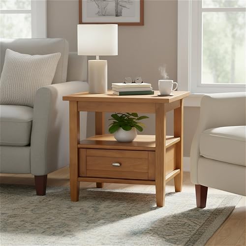 SIMPLIHOME Warm Shaker End Table - 20 inch Wide Solid Wood Side Table in Warm Honey Brown, Transitional Accent Table for Living Room with Drawer, Open Shelf and Square Tapered Legs - color: Warm Honey Brown, size: 20 inch, style: End Table
