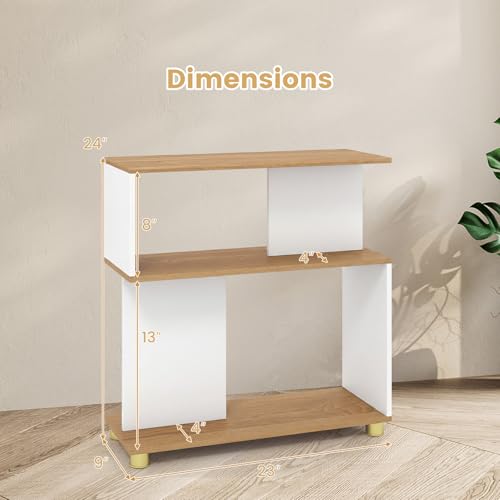 GOFLAME 3-Tier Geometric Bookcase, S-Shaped Bookshelf with 2 Open Back Compartments, Modern Display Rack, Narrow Compact Side End Table Nightstand for Living Room, Home Office (1,White & Natural) - color: White & Natural