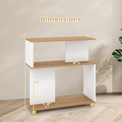 GOFLAME 3-Tier Geometric Bookcase, S-Shaped Bookshelf with 2 Open Back Compartments, Modern Display Rack, Narrow Compact Side End Table Nightstand for Living Room, Home Office (1,White & Natural) - color: White & Natural