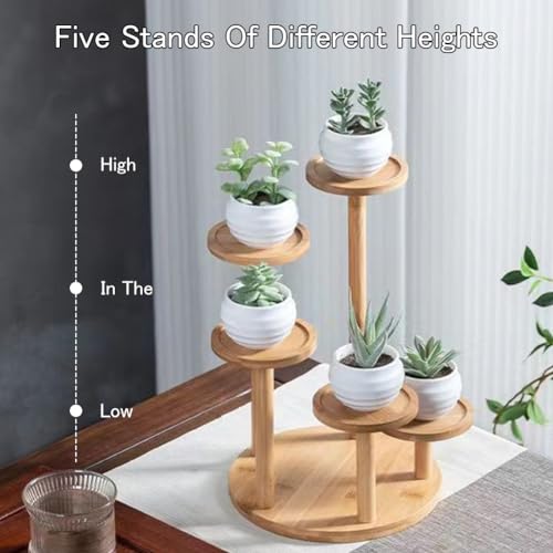 OLizee® 5 Tier Wood Plant Riser Stand Tabletop Tiered Plant Pot Holder Stand Bamboo Succulent Plant Stand Plant Pot Riser Stand Plant Display Holder for Desktop Decor