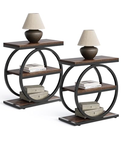 LITTLE TREE End Table Set 2, Side Table with 3 Tiers Shelves, Slim Sofa Side Table for Living Room, Tall Bedside Table Nightstand for Bedroom, Rustic Brown and Black - color: Rustic Brown