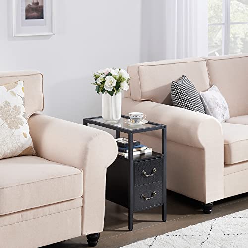 VECELO End Tables, 24" Height Narrow Nightstands, Modern Tall Night Stand with Drawers and Shelf for Living Room, Bedroom,Tempered Glass - color: Classic Black, size: Set of 2