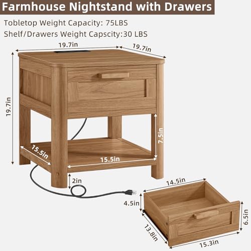 Joaxswe Farmhouse Side Table Set of 2 Living Room, Small Night Stand with 1 Drawers & Open Shelving & 4 Thickened Table Legs, Dark Wood - color: Dark Wood, size: Set of 2