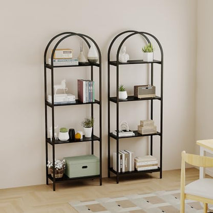 Bookshelf Arched Bookcase, 4 Tier Open Shelves with Metal Frame, Tall Freestanding Display Shelf for Home Office, Living Room,Easy Asssemble, Black - color: Black, size: 4 Tier Arched