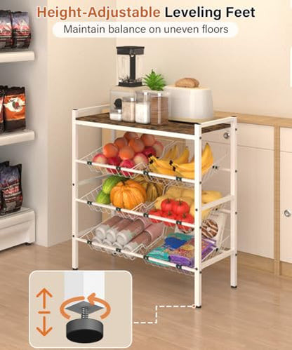 4-Tier Fruit and Vegetable Storage Rack with Wood Top & 6 Removable Baskets, Small Kitchen Island, Pantry Floor Organizer Stand Shelves for Onion Potato Snack Storage, White - style: 6 Baskets-White