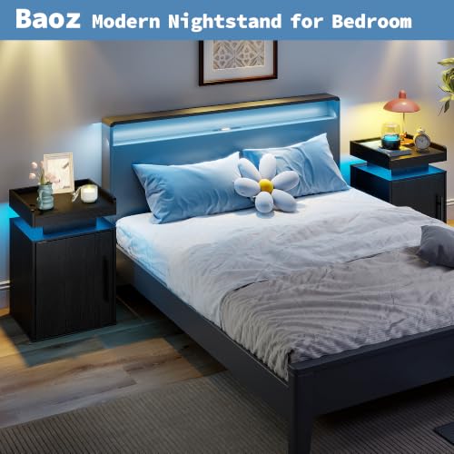 Baoz Black Nightstand Set of 2 with Door, 24" Tall Led Modern Bedside Table | Wood Night Stand with Side Open Shelf & Adjustable Shelf for Bedroom, Smart Lights with RGB Colors