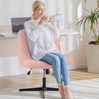 OLIXIS Criss Cross Chair, Vanity Chair, Home Office Desk | Cute Furry Teddy Fleece, Height Adjustable, Armless Wide Seating for Bedroom Student Study Room,Teddy Pink No Wheel - color: Teddy Pink
