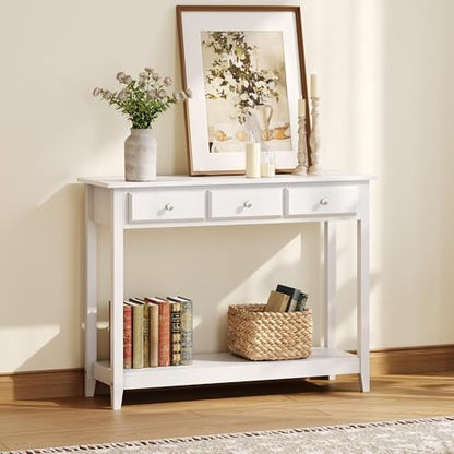 Yaheetech Console Table with 3 Drawers, 42" Entryway Table with Storage Shelves, Narrow Long Sofa Couch Tables for Living Room, Hallway, Foyer, Hall, White - color: White