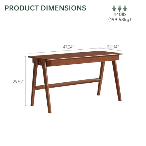 100% Solid Wood Desk Home Office Desk Mid Century Modern Rubberwood Writing Computer Desk with Drawer for Home Office 47" W - color: Teak-rubberwood, size: 47"W