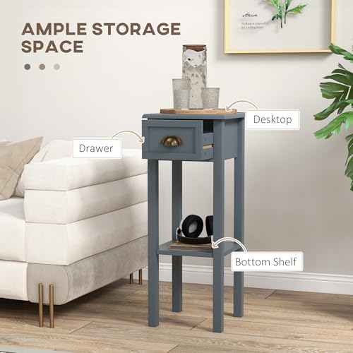 HOMCOM Narrow End Table with Drawer and Bottom Shelf, Slim Side Table for Small Spaces, Skinny Modern Accent Desk for Living Room, Set of 2, Gray - color: Grey