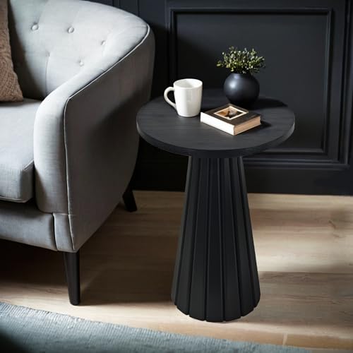 COVLON Fluted Drum Side Table, Small Round Side Table, Pedestal End Table, Modern Accent Drink Table, Plant Stand for Living Room, Bedroom, Office, Small Spaces, Black
