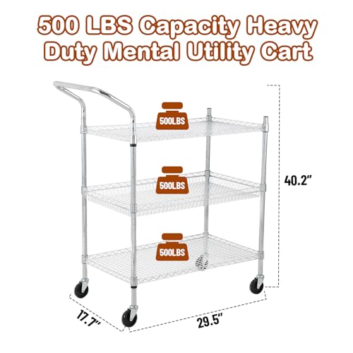 TrailBlaze Kitchen Utility Cart, 3-Tier Wire Rolling Utility Cart, Stainless Steel Service Cart w/Wheels and Adjustable Storage Rack Handle - for Laundry, Garage, Bathroom - High Handle - size: 3-Tiers high handle