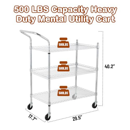 TrailBlaze Kitchen Utility Cart, 3-Tier Wire Rolling Utility Cart, Stainless Steel Service Cart w/Wheels and Adjustable Storage Rack Handle - for Laundry, Garage, Bathroom - High Handle - size: 3-Tiers high handle