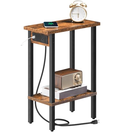 HOOBRO Narrow Side Table, 2-Tier Slim End Table with Charging Station, Skinny Nightstand with Open Storage, for Small Spaces, Living Room, Bedroom, Study, Rustic Brown and Black BF240UBZ01 - color: Rustic Brown + Black, size: 7.9"L x 15.7"W x 22.6"H