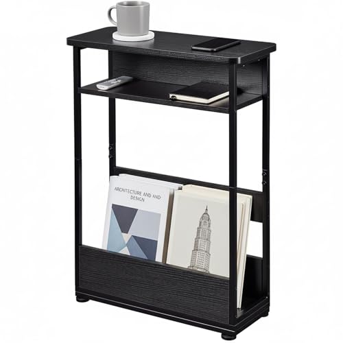 Vintage Narrow Side Table with Storage Shelf, 3 Tier Slim End Table Modern Sofa Table for Narrow and Small Spaces, 24.6 Inch Height Bedside Table Nightstand (Black, Large) - color: Bkack
