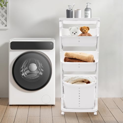 Laundry Basket, Laundry Basket Organizer Sorter Clothes Storage Organizer Shelf Rolling Cart with 4 Wheels, Laundry Hamper Basket Sorter Washing Hamper for Kitchens Bathrooms Bedrooms (4 Tier, White) - style: 4 Tier, White