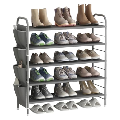 SUOERNUO Shoe Rack Storage Organizer 5 Tier Free Standing Metal Shoe Shelf Shoe Organizer with Side Shoes Pockets for Entryway Closet Bedroom, Grey - color: Grey, size: 5 Tier