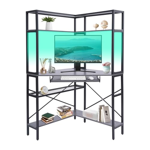 Corner Desk with Hutch, 90 Degrees Triangle Computer Desk w/Keyboard Tray & Bookshelves for Small Space Space Saving Writing Desk w/Storage Shelves for Bedroom Apartment (Gray) - color: Grey