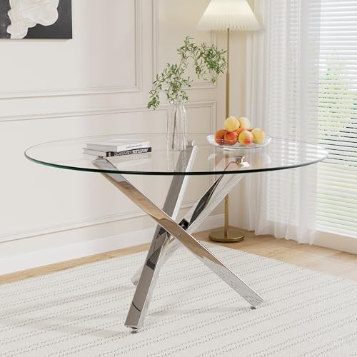 Round Glass Dining Room Table for 4 to 6 Person Modern Tempered Glass Top, Sturdy Chrome Legs, Adjustable Foot Pads, Kitchen Table for Living Room, Dining Room, Tea, 47.24 Inch, Square Silver Base - color: Square Silver Base, size: 47.24 Inch
