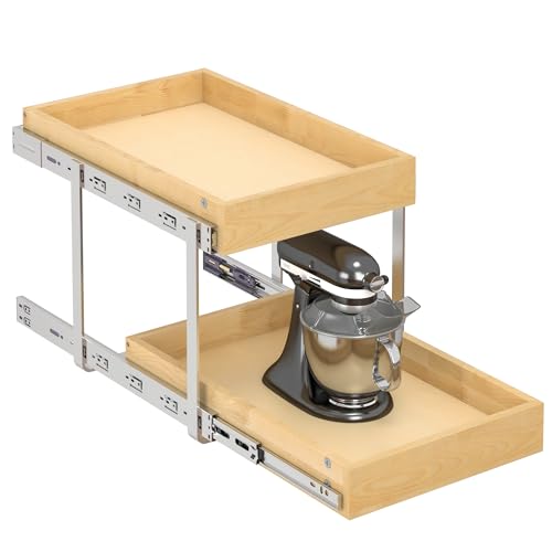 WelFurGeer 2-Tier Pull Out Cabinet Organizer with Soft Close Slides, Heavy-Duty Pull Out Drawers for Cabinets, Slide Out Shelf for Kitchen, Bathroom, Pantry & Under Sink, Solid Birch Wood - color: 2 Tiers, size: 14''W x22''D