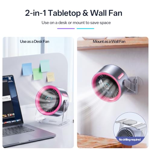 USB Desk Fan for Bedroom: 100 Speeds Digital Display Quiet Portable Fan with Turbo Airflow, 120° Rotating Small Rechargeable Battery Desktop & Wall-Mounted Fans for Bedroom Home Office - color: Pink