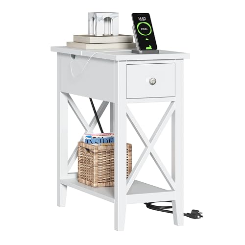 ChooChoo End Table, Flip Top Narrow End Table with Charging Station | Narrow Side Table with USB Ports and Outlets, Nightstand with Drawer, Bedside Tables for Living Room and Bedroom, White - color: White, size: 1 Pack, style: With Power