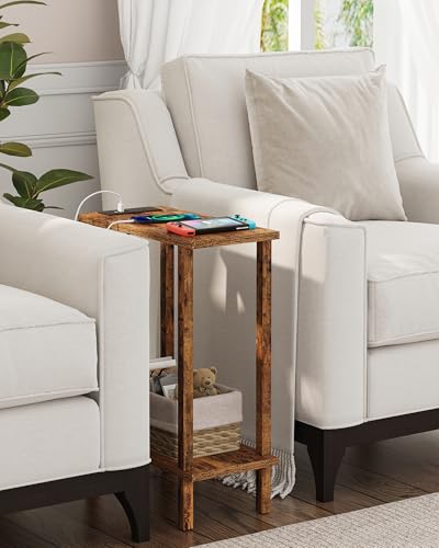 TUTOTAK Small End Table with Charging Station, Narrow Side Table with USB Ports and Outlets, Skinny Sofa Table, Slim Nightstand, Living Room, Bed Room, Pure Brown TB01BB060C - color: Pure Brown, size: 2-tier