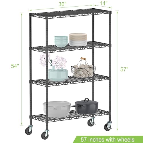 4 Tier Wire Metal Shelving Rack Garage Storage Rolling Shelves with Wheels | Heavy Duty Adjustable Industrial Shelving Steel Wire Organizer Rack for Kitchen Garage Pantry Office Bathroom - size: 4-Tier Metal Shelf（36L x 14W x 57H）
