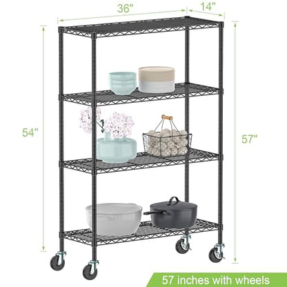 4 Tier Wire Metal Shelving Rack Garage Storage Rolling Shelves with Wheels | Heavy Duty Adjustable Industrial Shelving Steel Wire Organizer Rack for Kitchen Garage Pantry Office Bathroom - size: 4-Tier Metal Shelf（36L x 14W x 57H）