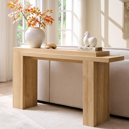 OKD 63" Modern Geometric Console Table with Layered Top, Natural Oak | Extended Layered Top, Sturdy Support Legs, Entryway, Hallway, Foyer, Living room, Behind Sofa - color: Natural Oak